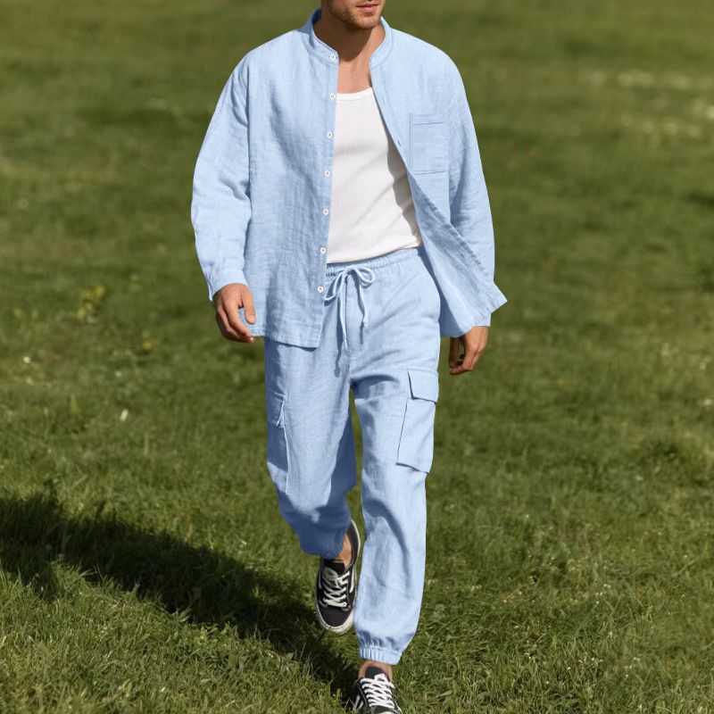 Men's Summer Linen Button Shirt Long-Sleeved Trousers Cardigan Casual Loose Beach Suit Men  Two-Piece Outfits