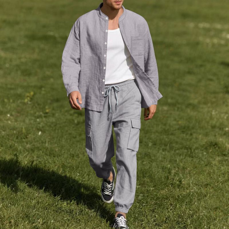 Men's Summer Linen Button Shirt Long-Sleeved Trousers Cardigan Casual Loose Beach Suit Men  Two-Piece Outfits
