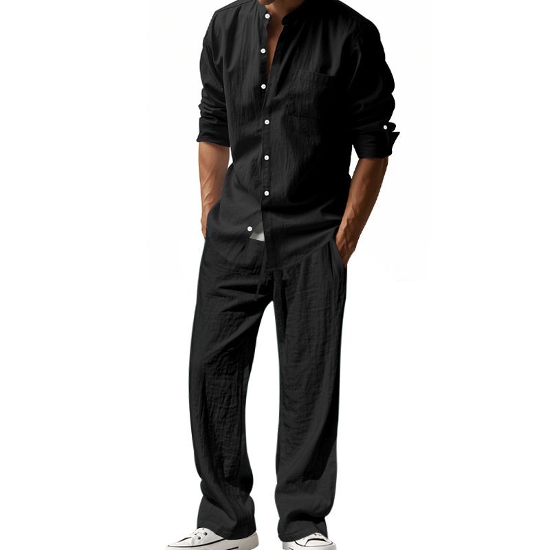 New Cotton Linen Comfortable With Button Polo Long Sleeve Shirt Simple Two-piece Suit Casual Beach Wear Men Clothes Two-Piece Outfits