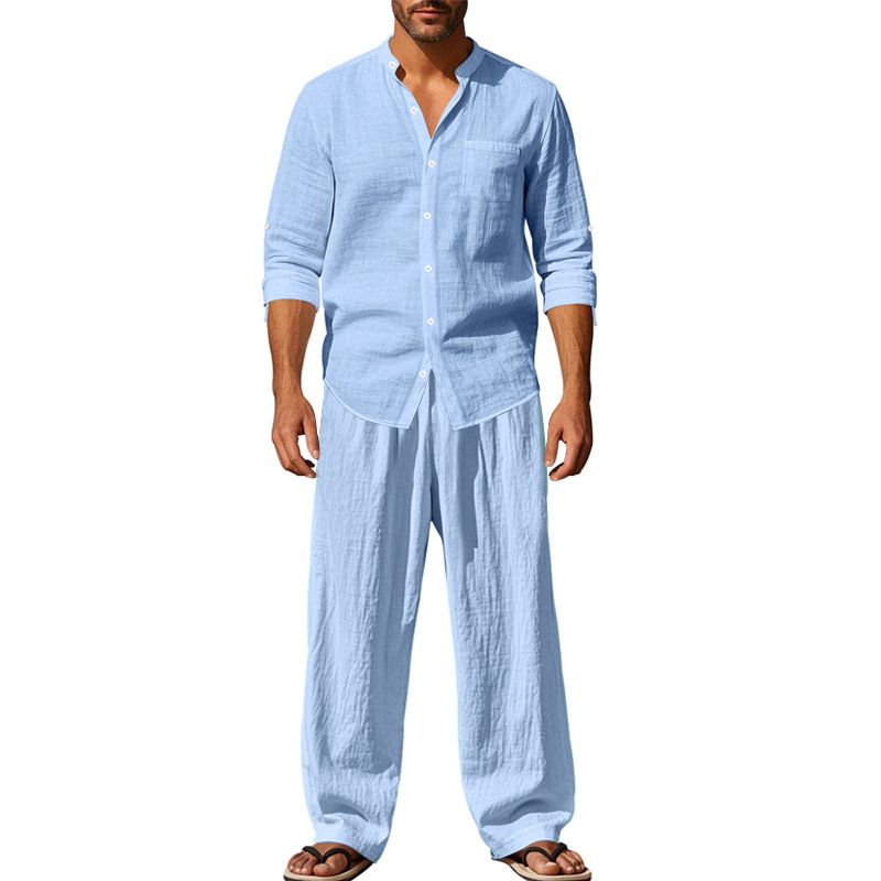 New Cotton Linen Comfortable With Button Polo Long Sleeve Shirt Simple Two-piece Suit Casual Beach Wear Men Clothes Two-Piece Outfits
