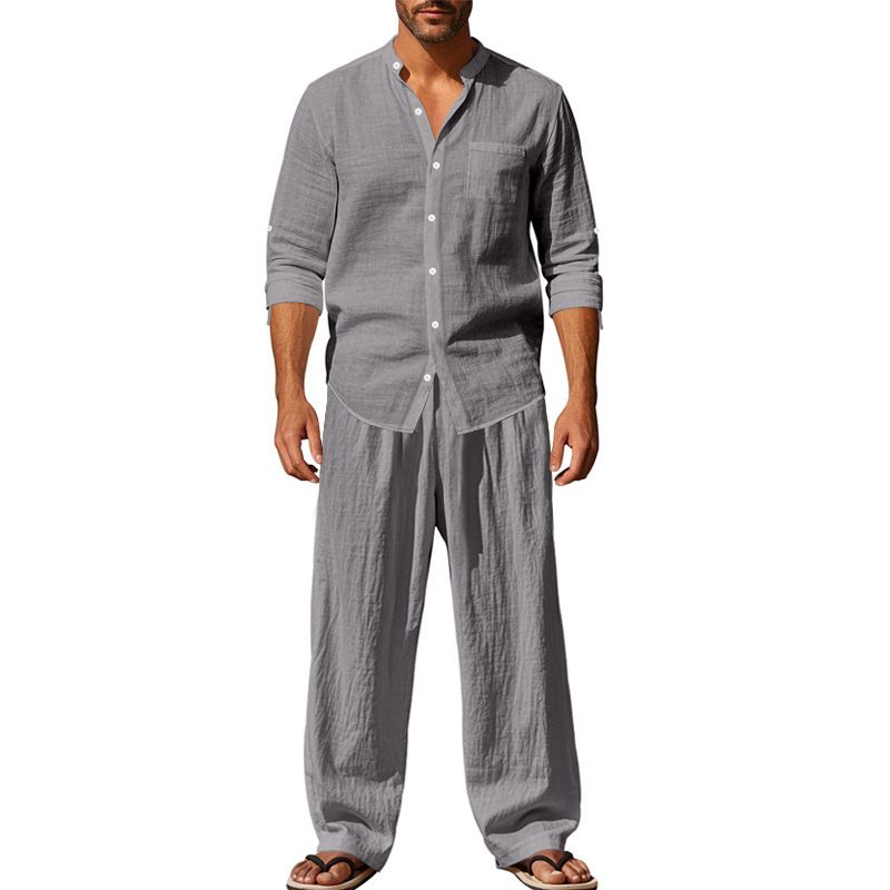 New Cotton Linen Comfortable With Button Polo Long Sleeve Shirt Simple Two-piece Suit Casual Beach Wear Men Clothes Two-Piece Outfits