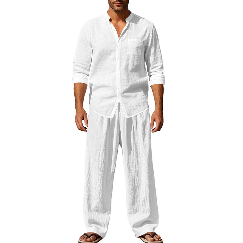 New Cotton Linen Comfortable With Button Polo Long Sleeve Shirt Simple Two-piece Suit Casual Beach Wear Men Clothes Two-Piece Outfits