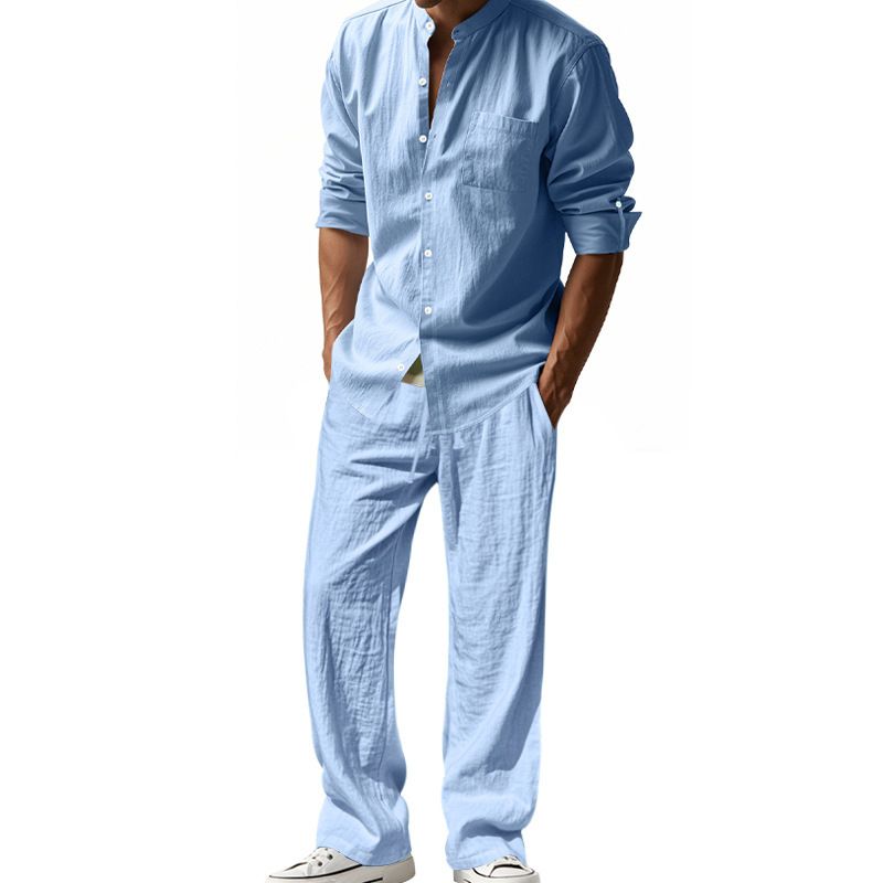 New Cotton Linen Comfortable With Button Polo Long Sleeve Shirt Simple Two-piece Suit Casual Beach Wear Men Clothes Two-Piece Outfits