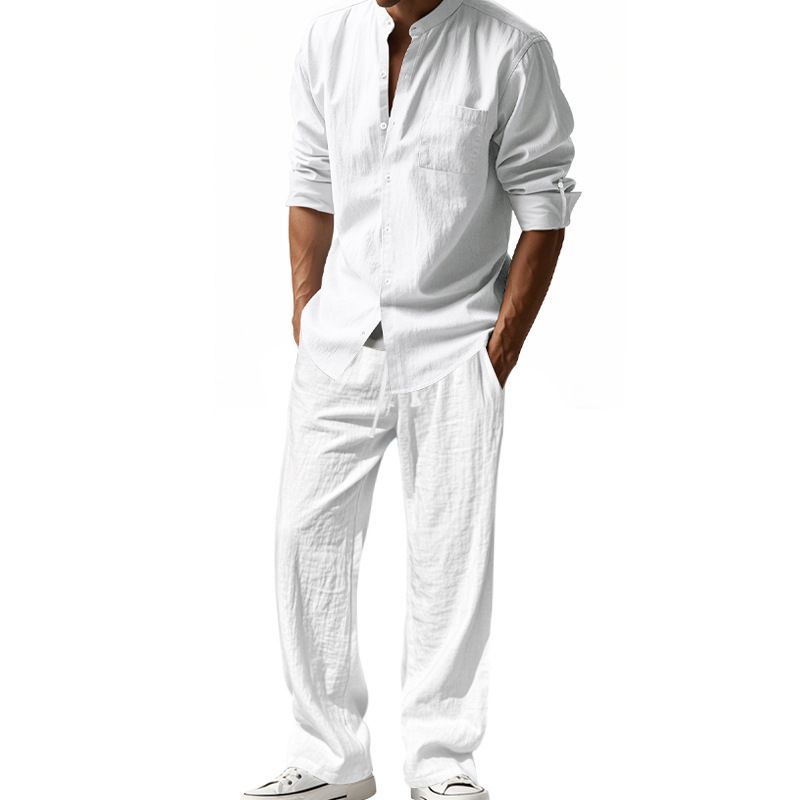 New Cotton Linen Comfortable With Button Polo Long Sleeve Shirt Simple Two-piece Suit Casual Beach Wear Men Clothes Two-Piece Outfits
