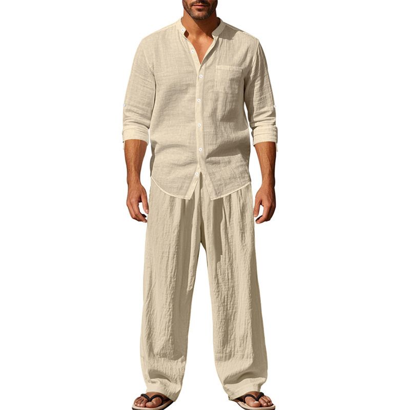 New Cotton Linen Comfortable With Button Polo Long Sleeve Shirt Simple Two-piece Suit Casual Beach Wear Men Clothes Two-Piece Outfits