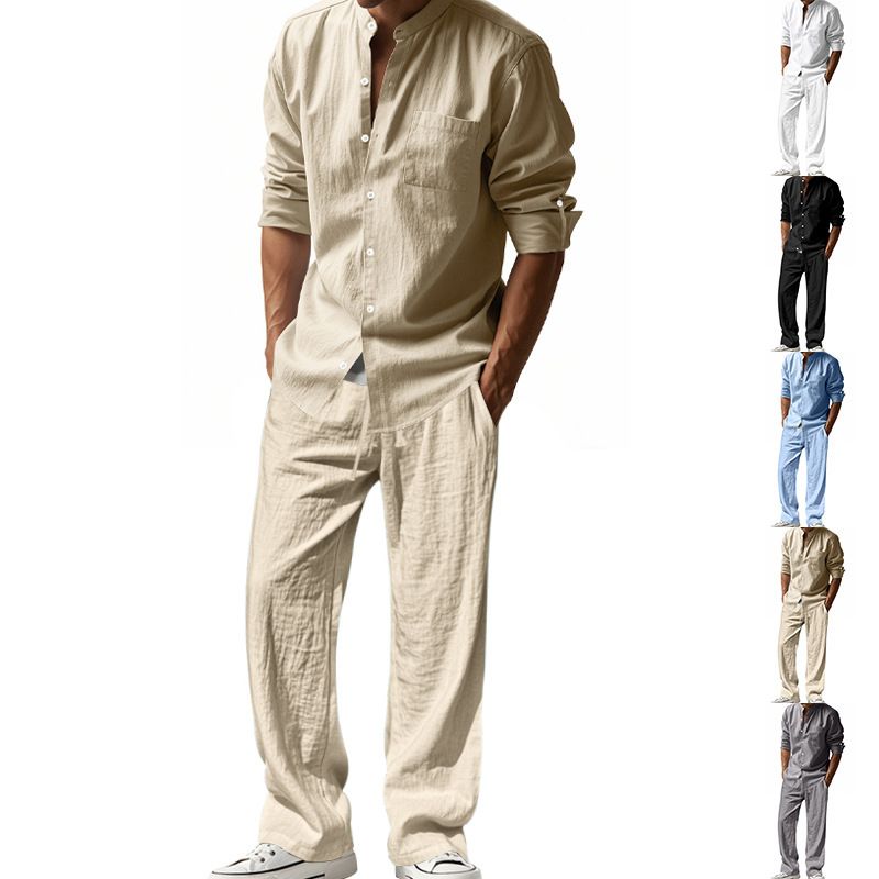 New Cotton Linen Comfortable With Button Polo Long Sleeve Shirt Simple Two-piece Suit Casual Beach Wear Men Clothes Two-Piece Outfits