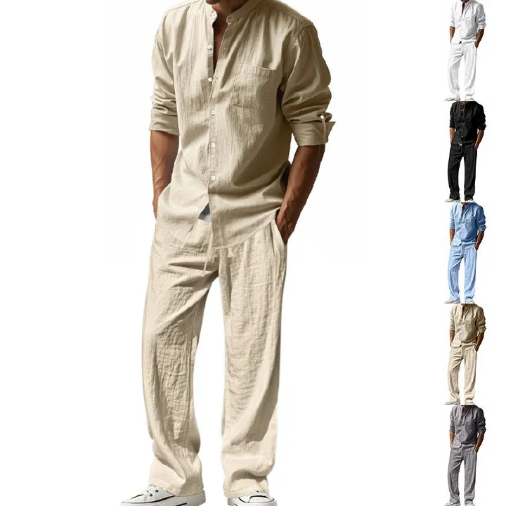 New Cotton Linen Comfortable With Button Polo Long Sleeve Shirt Simple Two-piece Suit Casual Beach Wear Men Clothes Two-Piece Outfits