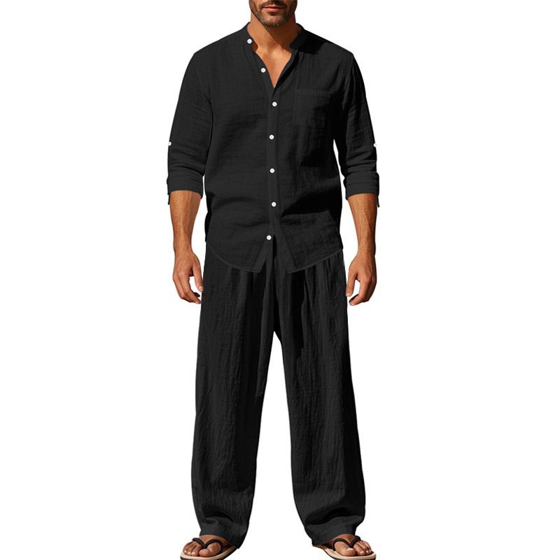 New Cotton Linen Comfortable With Button Polo Long Sleeve Shirt Simple Two-piece Suit Casual Beach Wear Men Clothes Two-Piece Outfits