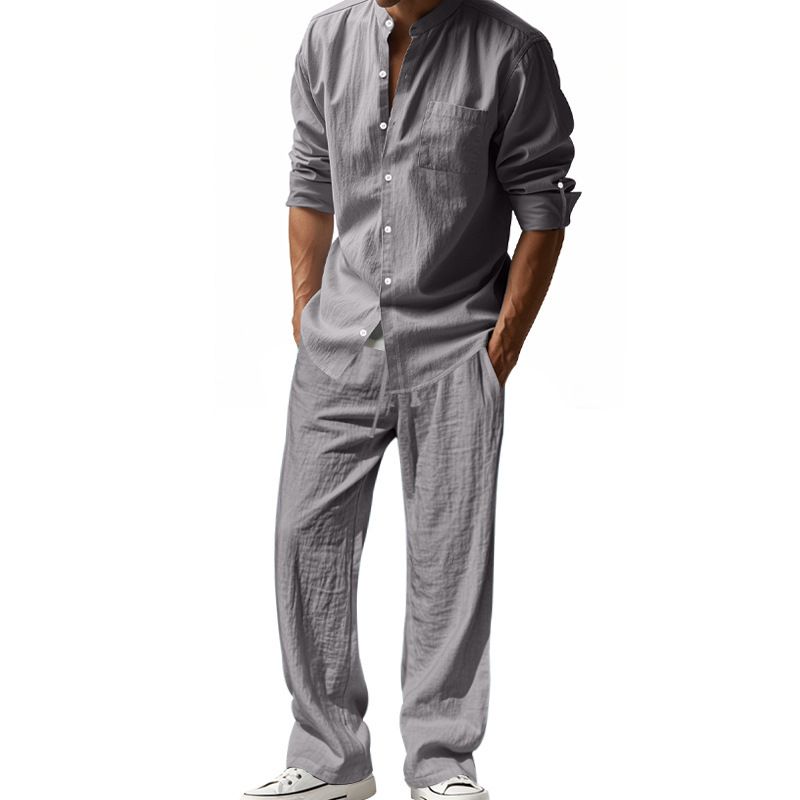 New Cotton Linen Comfortable With Button Polo Long Sleeve Shirt Simple Two-piece Suit Casual Beach Wear Men Clothes Two-Piece Outfits