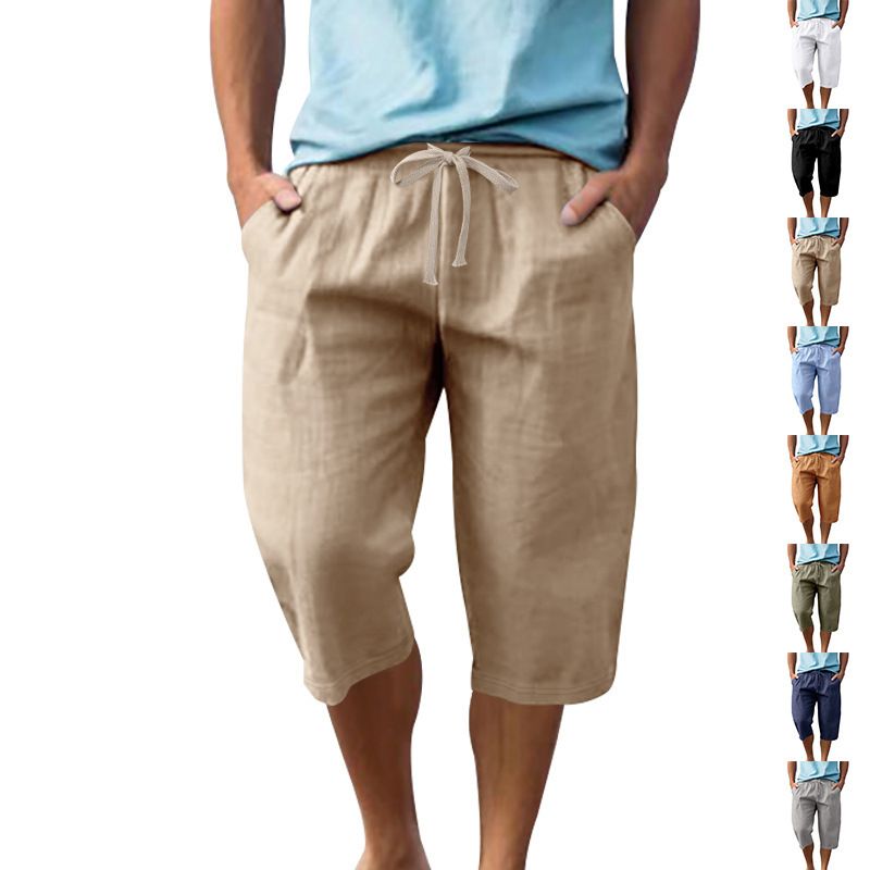 European Flax Linen Men's Casual Shorts Pants Summer Thin Loose Straight Summer Beach 7-Point Shorts