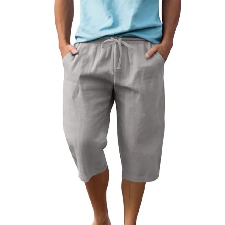 European Flax Linen Men's Casual Shorts Pants Summer Thin Loose Straight Summer Beach 7-Point Shorts