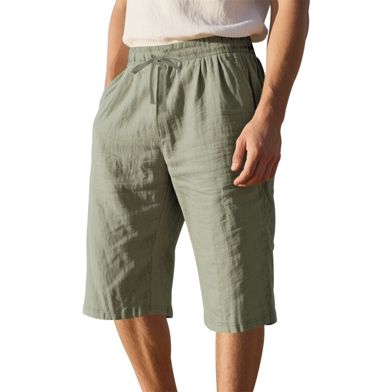 European Flax Linen Men's Casual Shorts Pants Summer Thin Loose Straight Summer Beach 7-Point Shorts