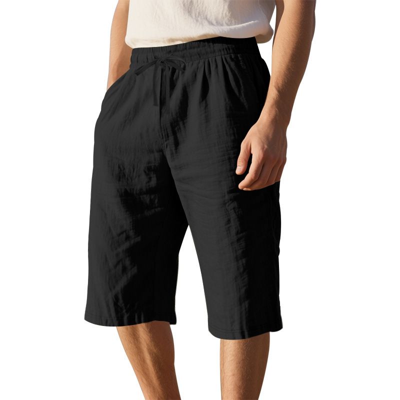 European Flax Linen Men's Casual Shorts Pants Summer Thin Loose Straight Summer Beach 7-Point Shorts