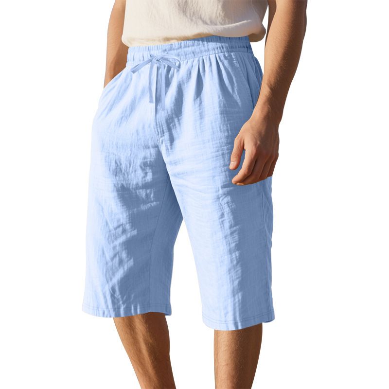 European Flax Linen Men's Casual Shorts Pants Summer Thin Loose Straight Summer Beach 7-Point Shorts