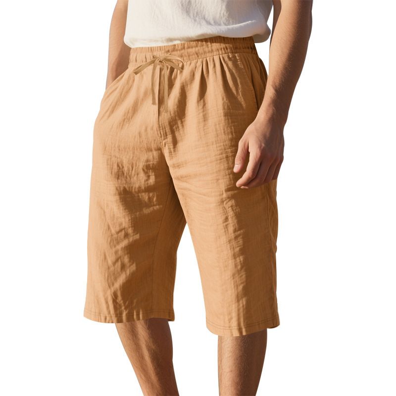 European Flax Linen Men's Casual Shorts Pants Summer Thin Loose Straight Summer Beach 7-Point Shorts