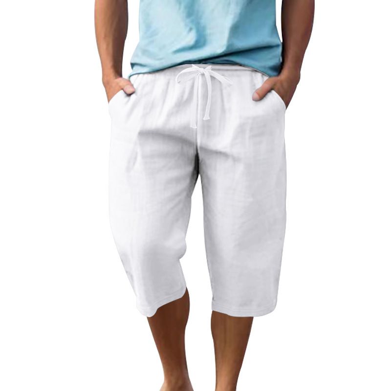 European Flax Linen Men's Casual Shorts Pants Summer Thin Loose Straight Summer Beach 7-Point Shorts
