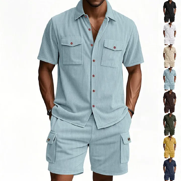 New Men's Casual Suit Outdoor Loose Heavyweight Corduroy Workwear Shirt Short Sleeved Shorts Set for Men Two-Piece Outfits