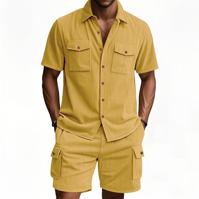 New Men's Casual Suit Outdoor Loose Heavyweight Corduroy Workwear Shirt Short Sleeved Shorts Set for Men Two-Piece Outfits
