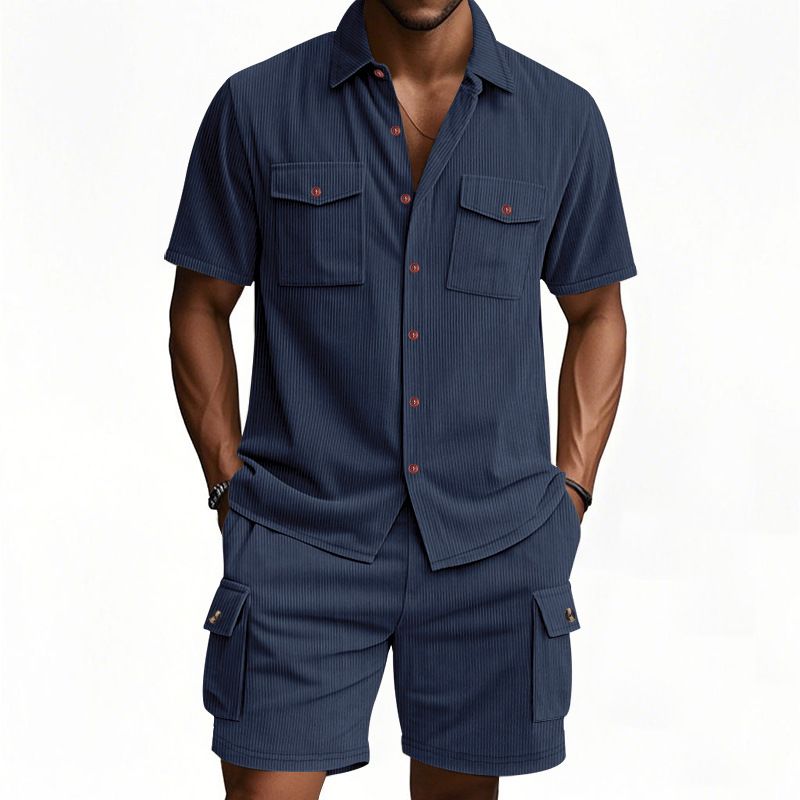 New Men's Casual Suit Outdoor Loose Heavyweight Corduroy Workwear Shirt Short Sleeved Shorts Set for Men Two-Piece Outfits