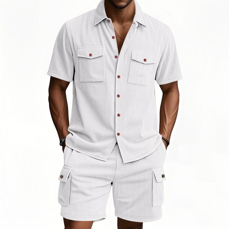 New Men's Casual Suit Outdoor Loose Heavyweight Corduroy Workwear Shirt Short Sleeved Shorts Set for Men Two-Piece Outfits