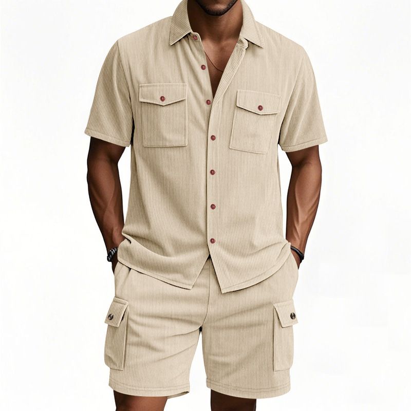 New Men's Casual Suit Outdoor Loose Heavyweight Corduroy Workwear Shirt Short Sleeved Shorts Set for Men Two-Piece Outfits