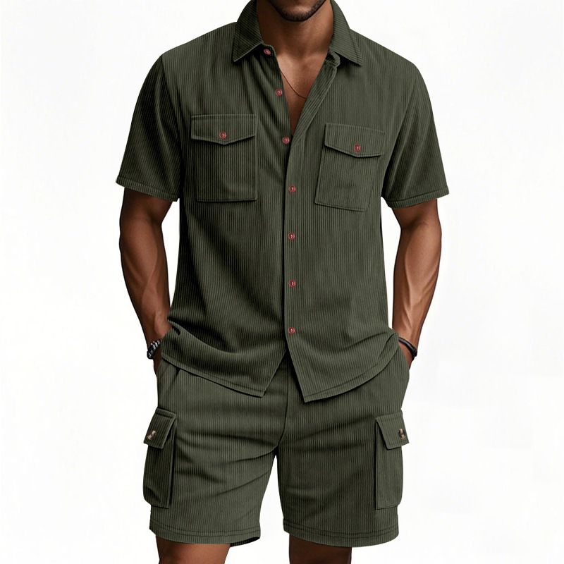 New Men's Casual Suit Outdoor Loose Heavyweight Corduroy Workwear Shirt Short Sleeved Shorts Set for Men Two-Piece Outfits