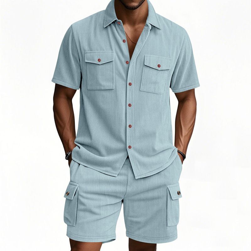 New Men's Casual Suit Outdoor Loose Heavyweight Corduroy Workwear Shirt Short Sleeved Shorts Set for Men Two-Piece Outfits