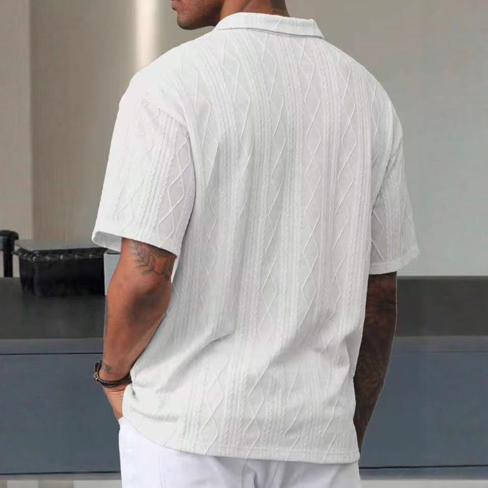 Summer American Style Cross-Border Casual Short Sleeve T-Shirt Loose Button Jacquard Turn-Down 3D Embroidery Woven T-Shirts