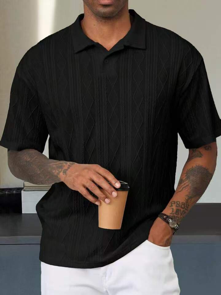 Summer American Style Cross-Border Casual Short Sleeve T-Shirt Loose Button Jacquard Turn-Down 3D Embroidery Woven T-Shirts