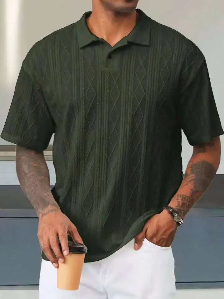 Summer American Style Cross-Border Casual Short Sleeve T-Shirt Loose Button Jacquard Turn-Down 3D Embroidery Woven T-Shirts