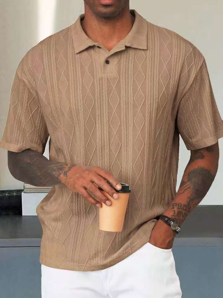 Summer American Style Cross-Border Casual Short Sleeve T-Shirt Loose Button Jacquard Turn-Down 3D Embroidery Woven T-Shirts