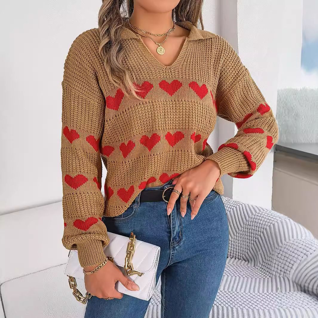 Wholesale Embroidery Fashion Pattern Collar Good Looking Pullovers Long Sleeve Knit Casual Heart Women's Sweaters