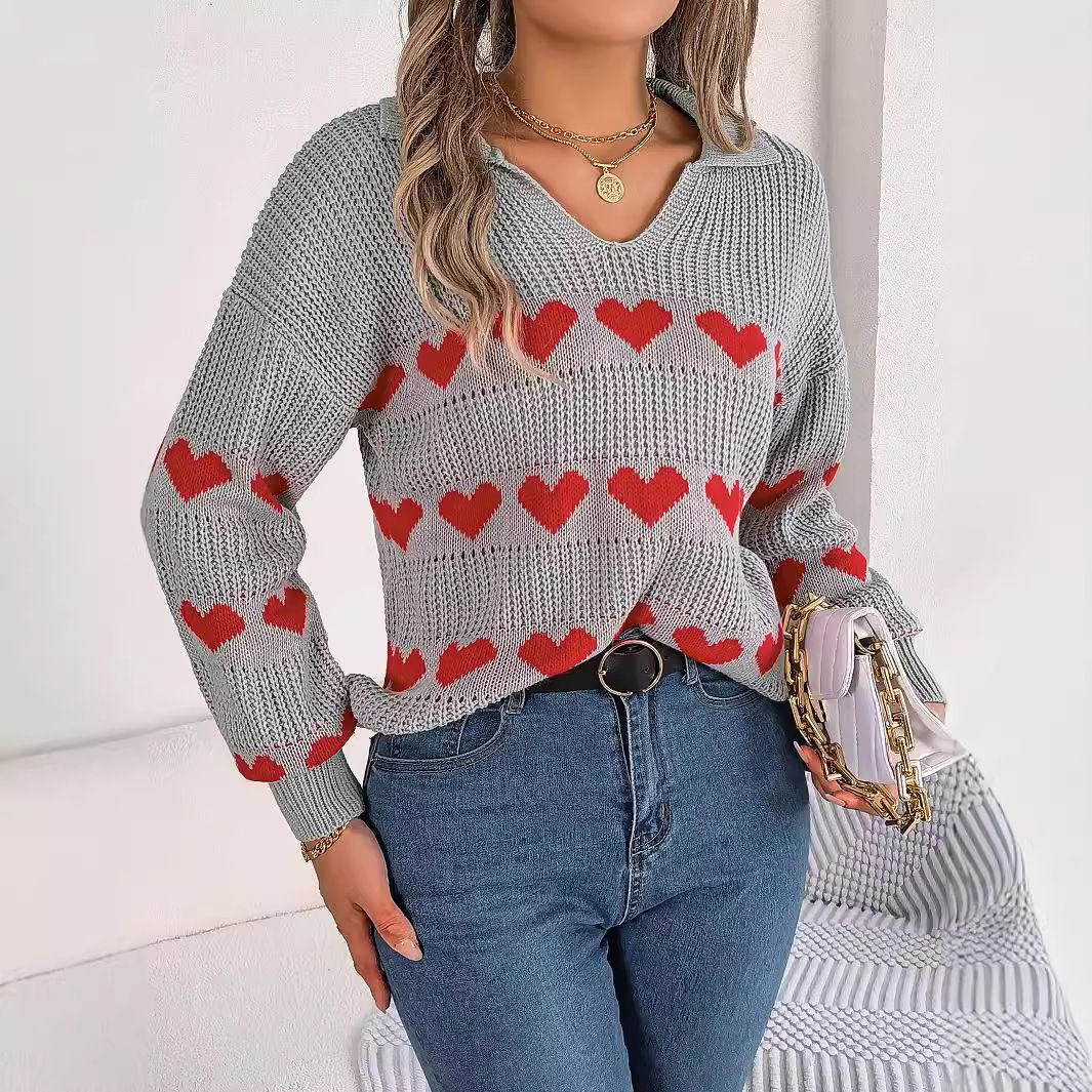 Wholesale Embroidery Fashion Pattern Collar Good Looking Pullovers Long Sleeve Knit Casual Heart Women's Sweaters
