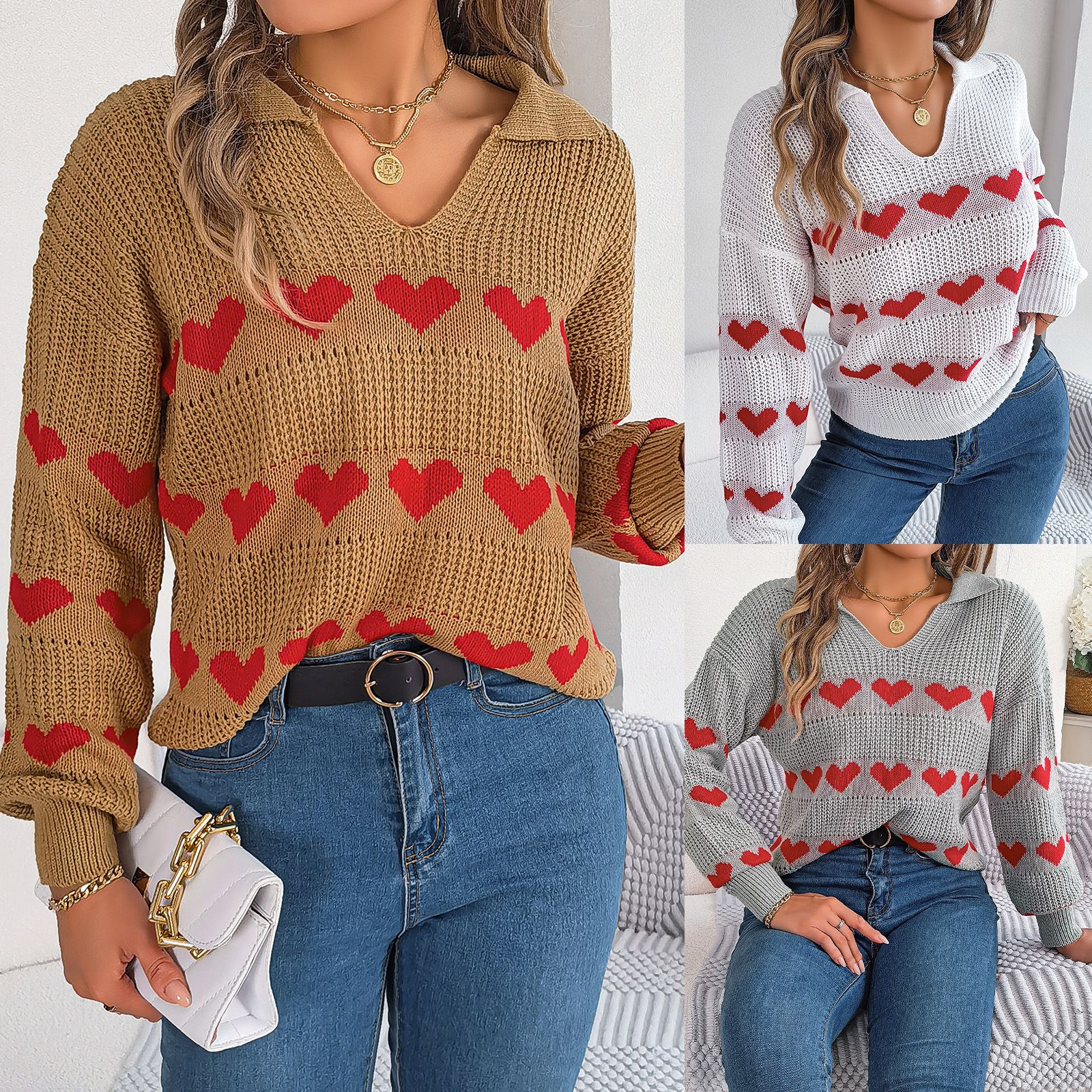 Wholesale Embroidery Fashion Pattern Collar Good Looking Pullovers Long Sleeve Knit Casual Heart Women's Sweaters