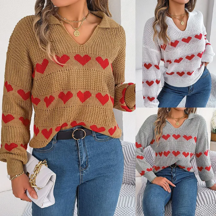 Wholesale Embroidery Fashion Pattern Collar Good Looking Pullovers Long Sleeve Knit Casual Heart Women's Sweaters