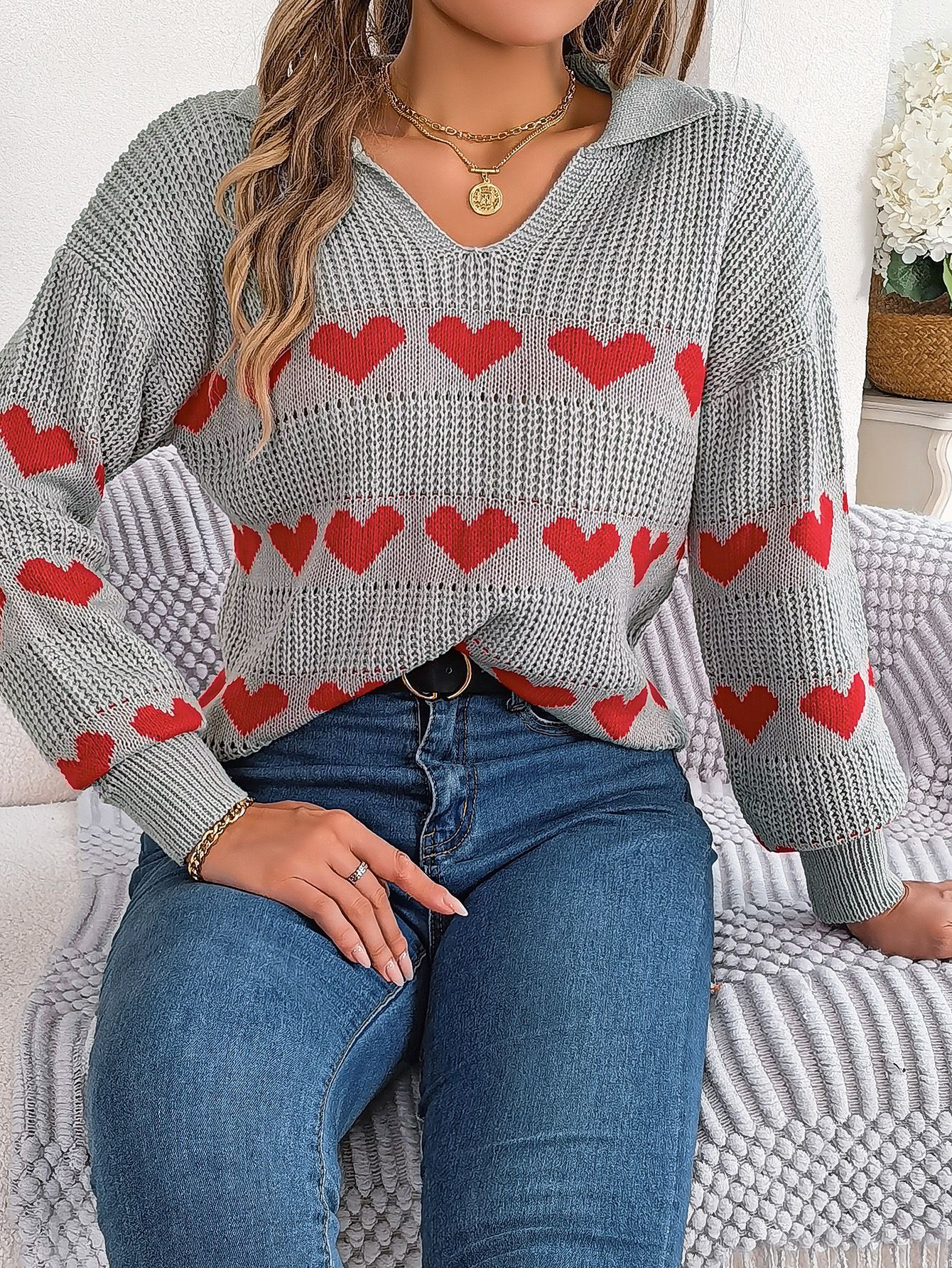 Wholesale Embroidery Fashion Pattern Collar Good Looking Pullovers Long Sleeve Knit Casual Heart Women's Sweaters