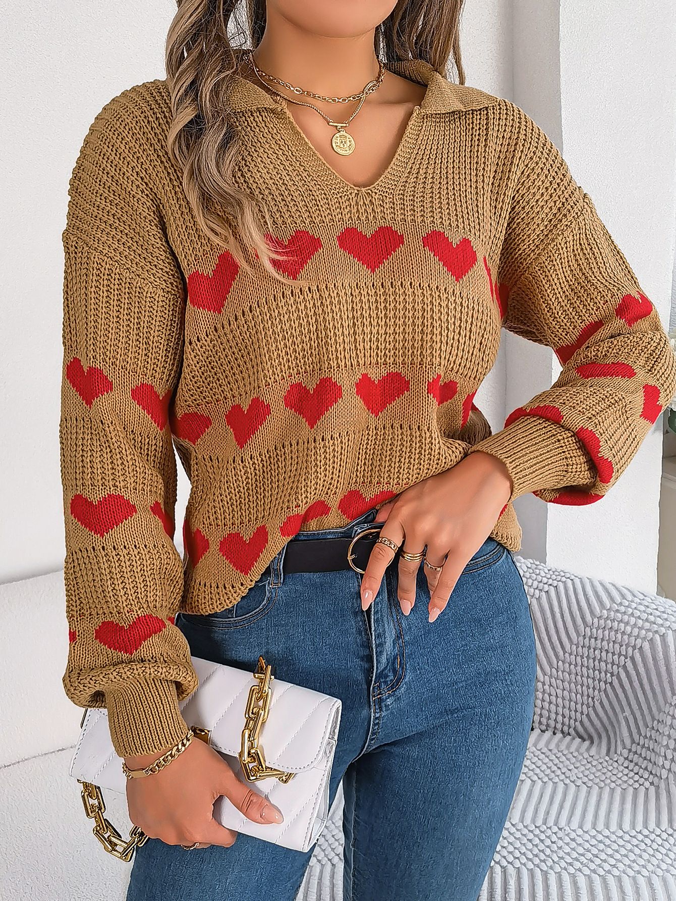 Wholesale Embroidery Fashion Pattern Collar Good Looking Pullovers Long Sleeve Knit Casual Heart Women's Sweaters