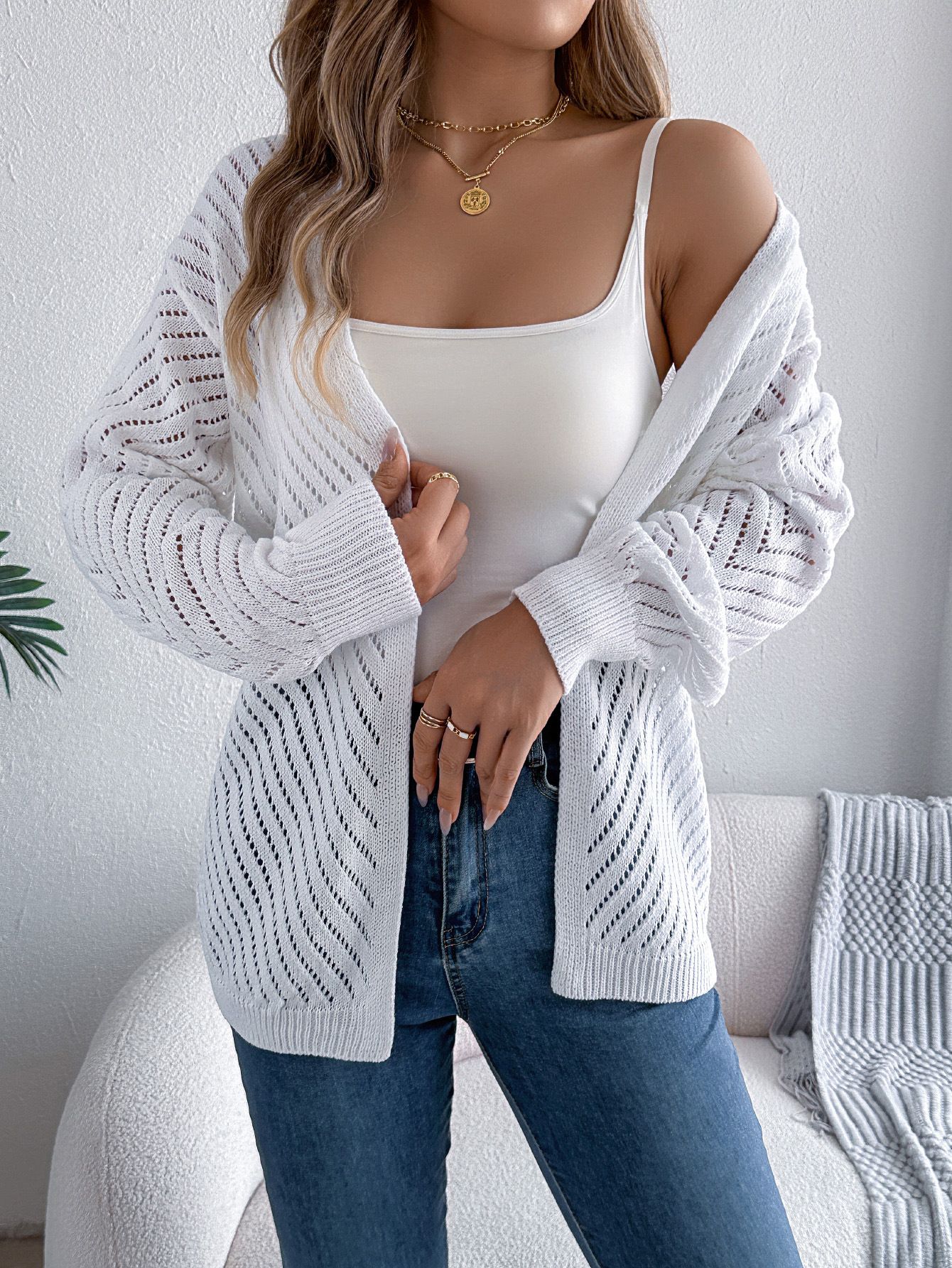 Autumn and Winter Leisure Solid Color Hollow Out Long-Sleeve Cardigan Sweater Coat Women's Clothing Sweaters