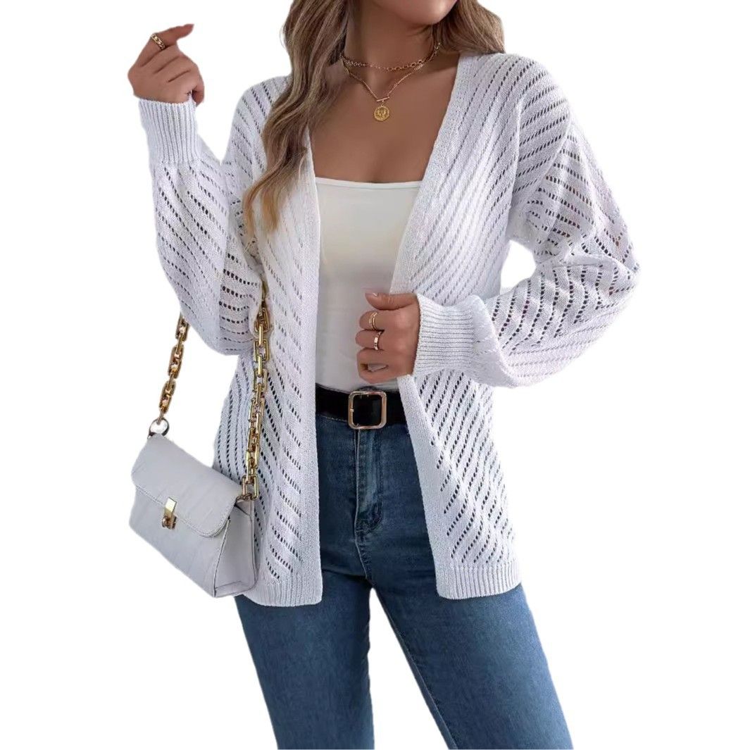Autumn and Winter Leisure Solid Color Hollow Out Long-Sleeve Cardigan Sweater Coat Women's Clothing Sweaters