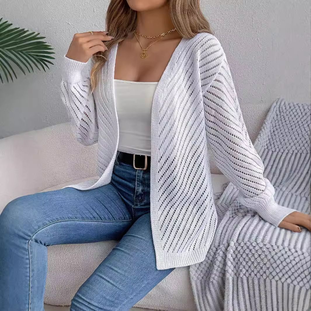 Autumn and Winter Leisure Solid Color Hollow Out Long-Sleeve Cardigan Sweater Coat Women's Clothing Sweaters