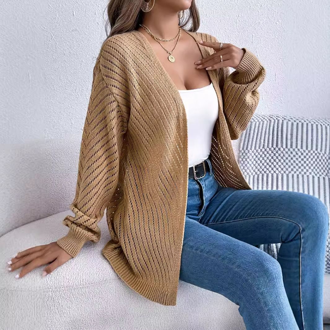 Autumn and Winter Leisure Solid Color Hollow Out Long-Sleeve Cardigan Sweater Coat Women's Clothing Sweaters