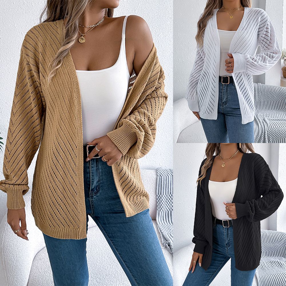 Autumn and Winter Leisure Solid Color Hollow Out Long-Sleeve Cardigan Sweater Coat Women's Clothing Sweaters