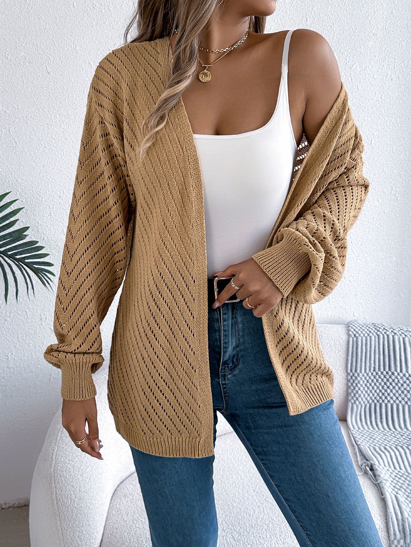Autumn and Winter Leisure Solid Color Hollow Out Long-Sleeve Cardigan Sweater Coat Women's Clothing Sweaters