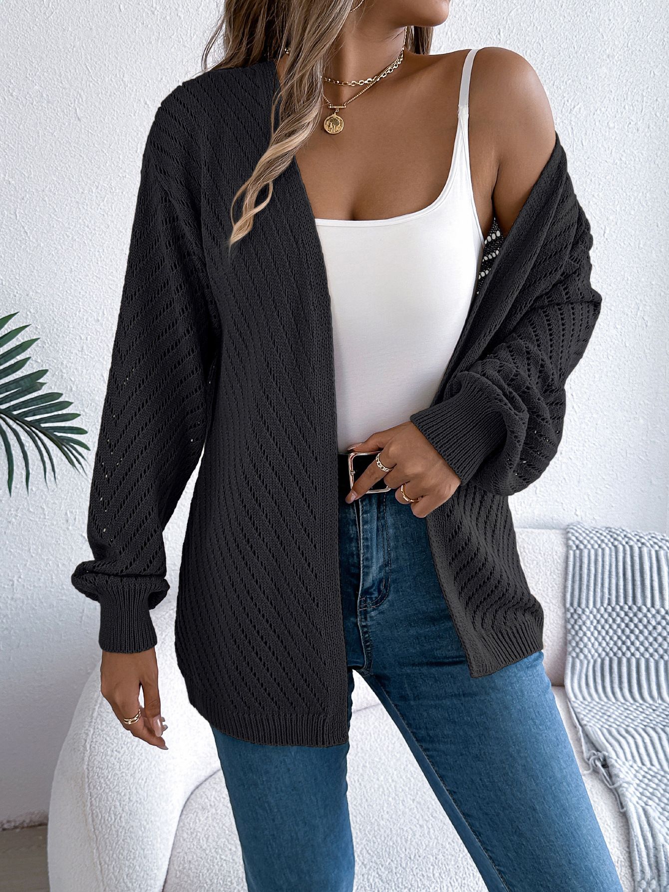 Autumn and Winter Leisure Solid Color Hollow Out Long-Sleeve Cardigan Sweater Coat Women's Clothing Sweaters