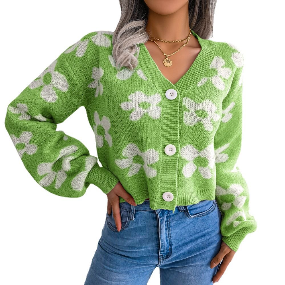 Women Sweaters Cardigan Button Down V-Neck Flower Print Cropped Knitted Sweater Cardigan for Fall Clothing