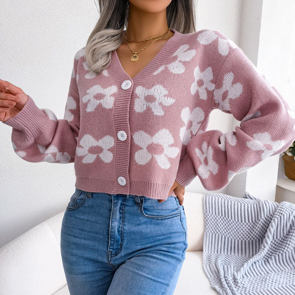 Women Sweaters Cardigan Button Down V-Neck Flower Print Cropped Knitted Sweater Cardigan for Fall Clothing