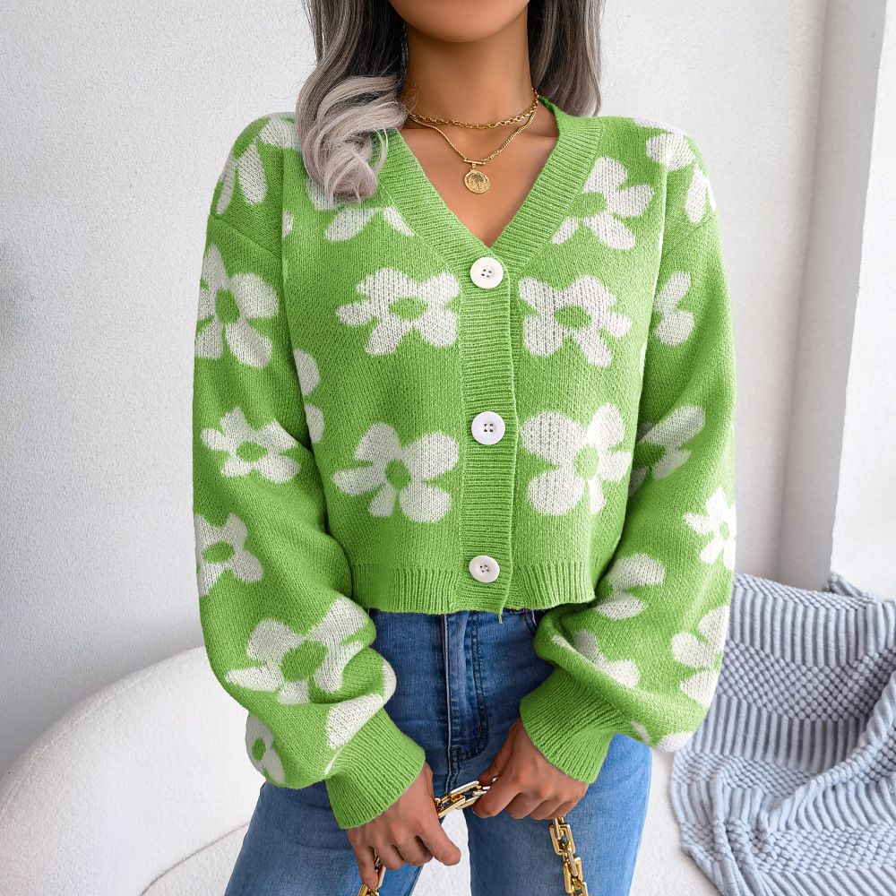 Women Sweaters Cardigan Button Down V-Neck Flower Print Cropped Knitted Sweater Cardigan for Fall Clothing