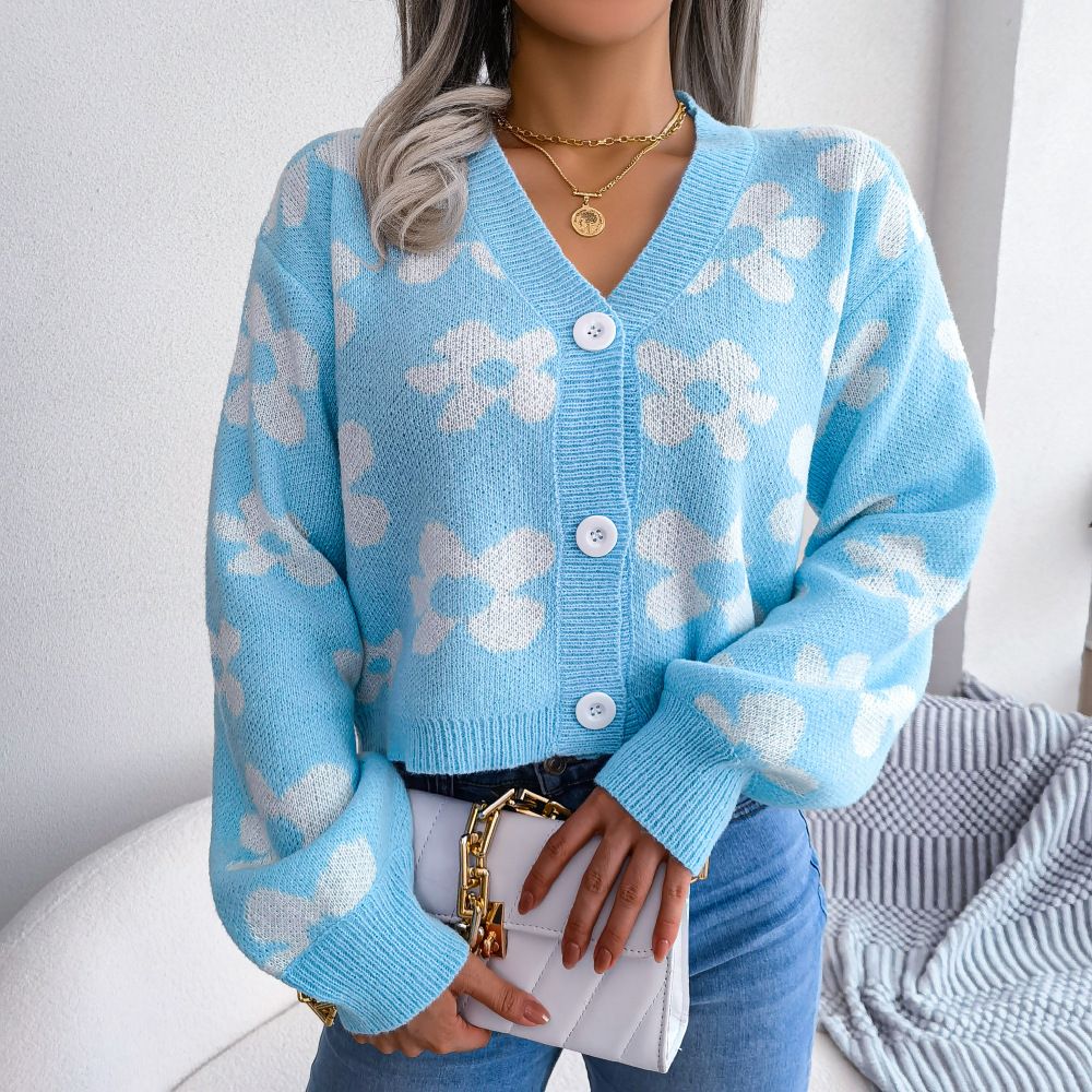 Women Sweaters Cardigan Button Down V-Neck Flower Print Cropped Knitted Sweater Cardigan for Fall Clothing