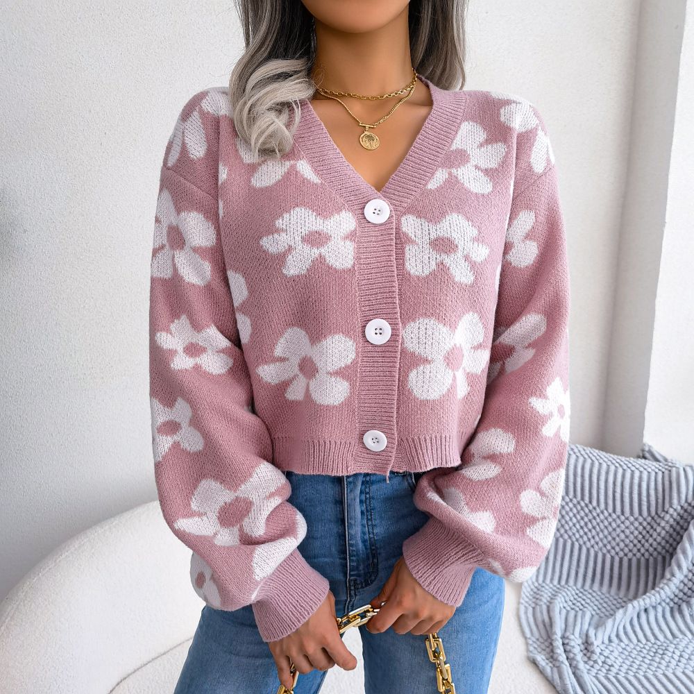 Women Sweaters Cardigan Button Down V-Neck Flower Print Cropped Knitted Sweater Cardigan for Fall Clothing