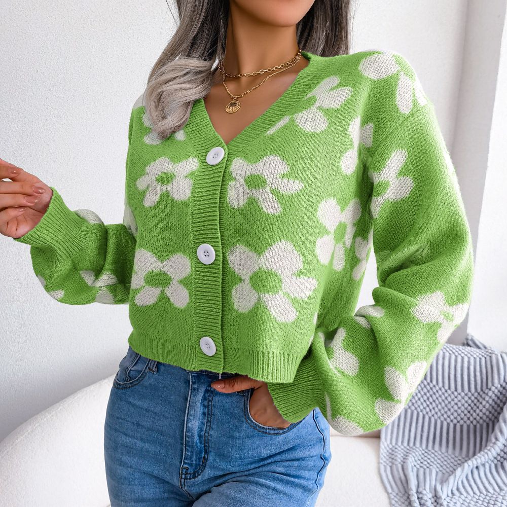 Women Sweaters Cardigan Button Down V-Neck Flower Print Cropped Knitted Sweater Cardigan for Fall Clothing
